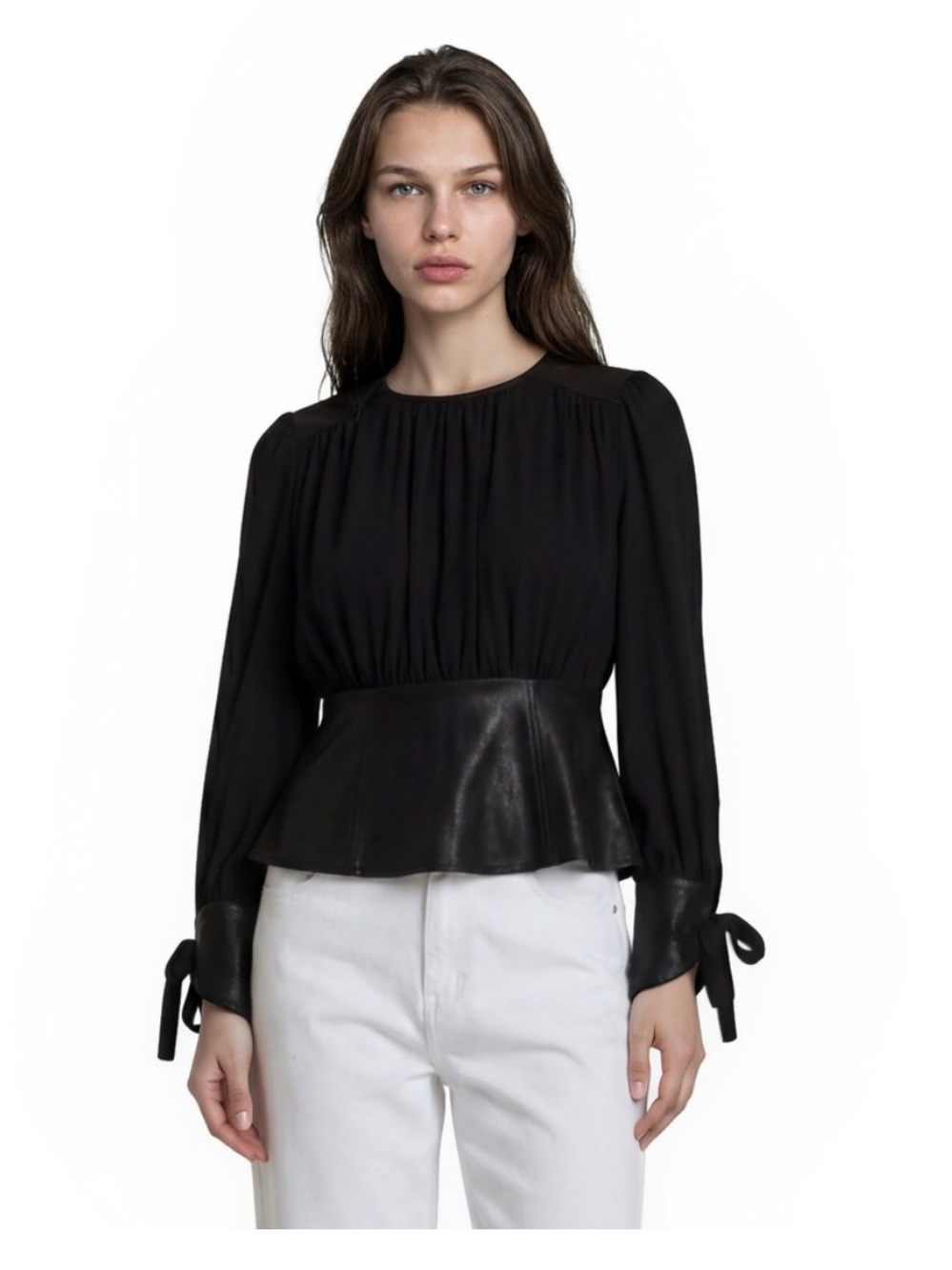 Gracia Black Peplum Blouse Faux Leather Tie Cuff Luxury Minimalist Blouse